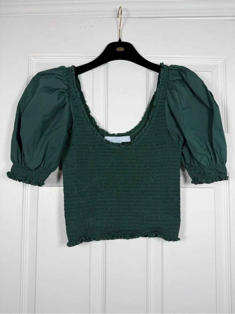 Hill House Size S • Puff Sleeve Top Emerald Botanical Green.